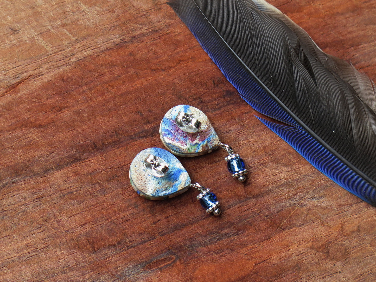 Blue Wren Stud Earring with Bead