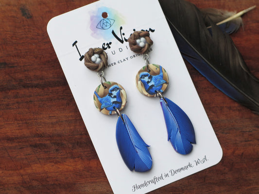 Blue Wren Nest & Feather Earring