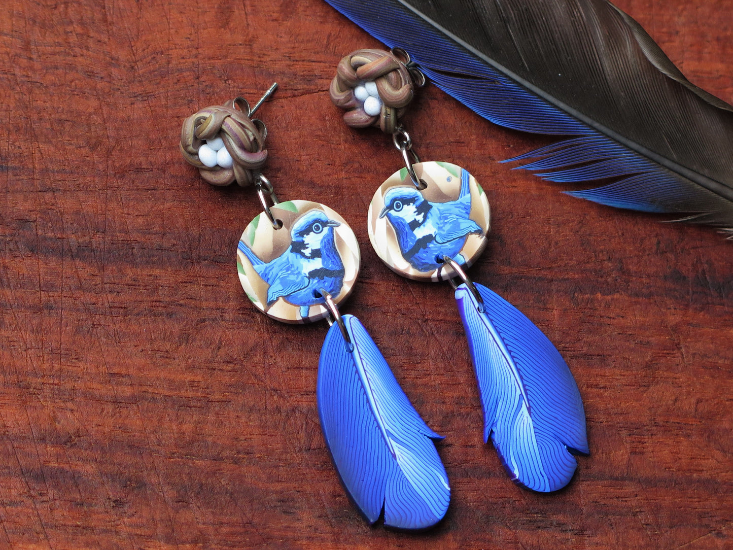 Blue Wren Nest & Feather Earring